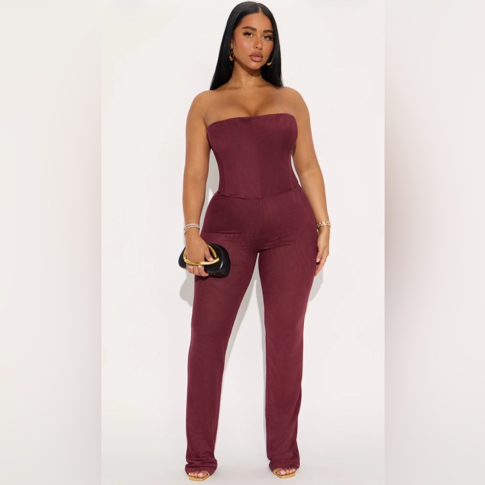Fashion Nova Burgundy Strapless Jumpsuit